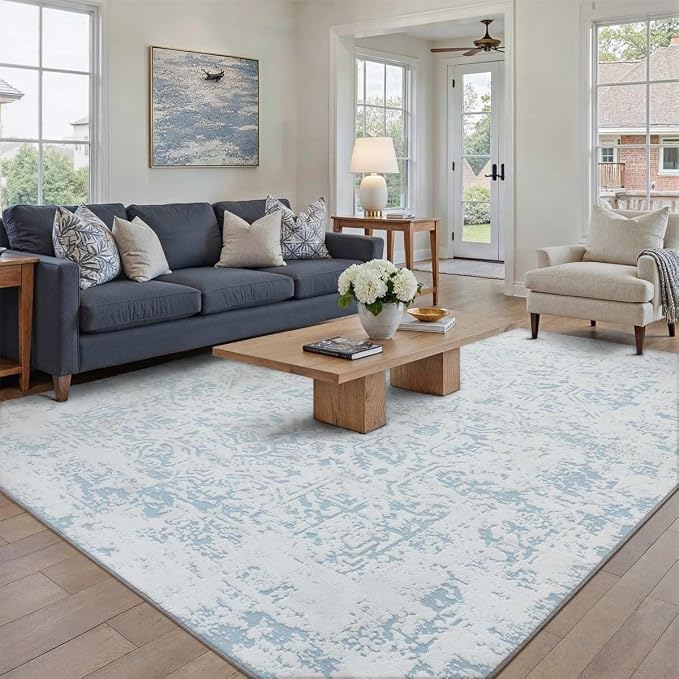 8x10 Fluffy Area Rug Blue Shag Neutral Carpet - Image 4