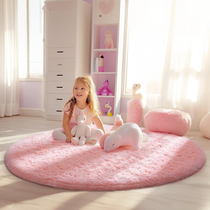 Ophanie Round Rugs 5Ft Pink Circle Area Rug, Fluffy Fuzzy Bedroom Carpet - Image 5