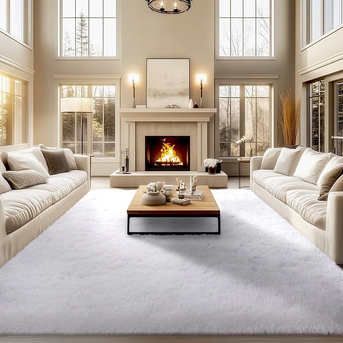 qulint 9x12 Area Rug for Living Room, Soft Fluffy White Rug for Bedroom Shag by QULINT