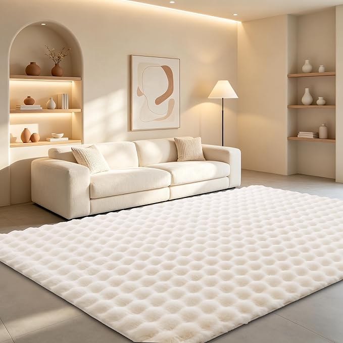 Creamy White Rabbit Plush Rug 5'x7', Fluffy Shaggy Area Rug by CHOVY