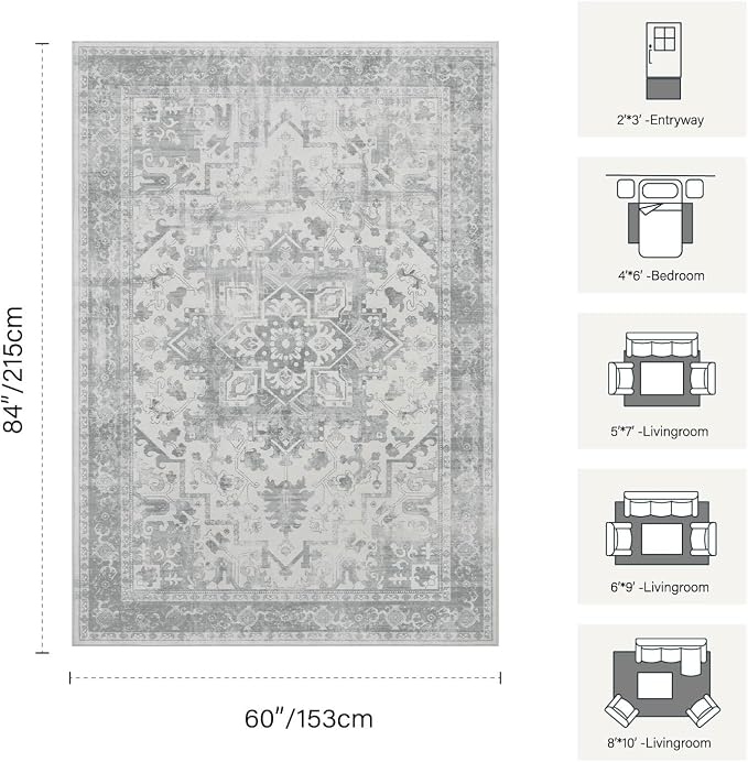 Rugxara 5X7 Washable Area Rug for Living Room, Neutral Vintage Large Boho Rugs - Image 2
