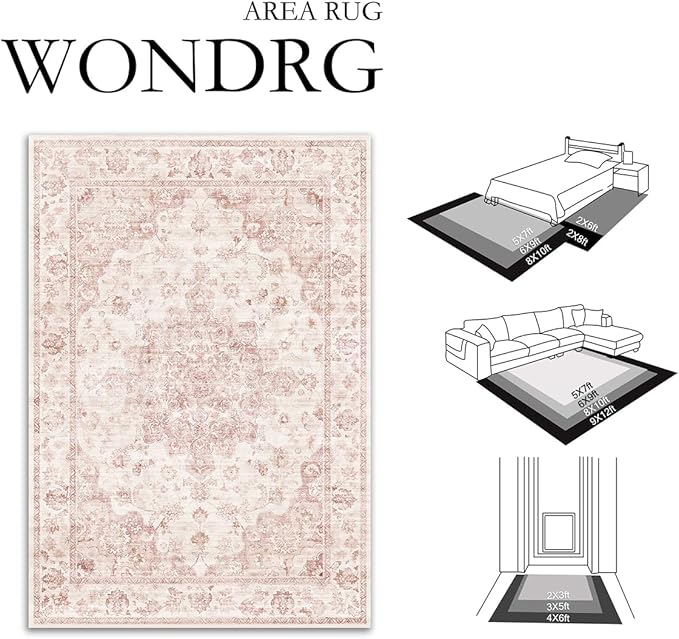 3x5 Washable Neutral Area Rug Pink Vintage Entryway Office Carpet Non-Slip Soft - Image 2