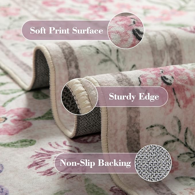 Wonnitar Floral Washable Round Rugs 6ft, Ultra-Thin Non Slip Boho Carpet - Image 3