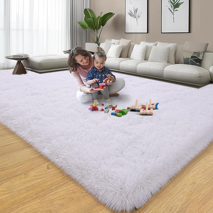 qulint 9x12 Area Rug for Living Room, Soft Fluffy White Rug for Bedroom Shag - Image 2