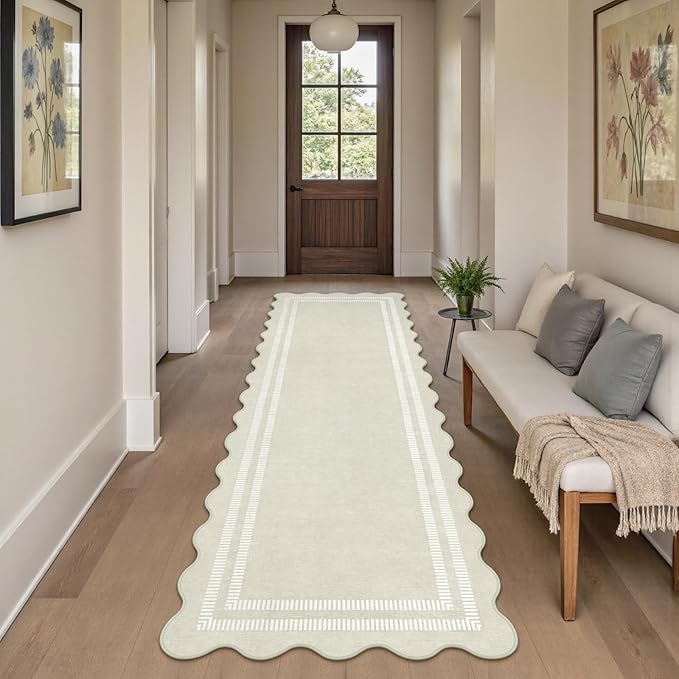 Washable Runner Rug 2.6x8 Kitchen Hallway Scalloped Rugs, Non Skid - Image 3