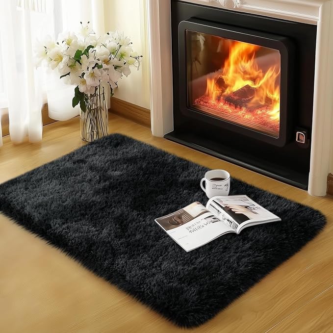 qulint 2x3 Black Grey Rug for Bedroom, Fluffy Small Area Rug for Living Room - Image 3