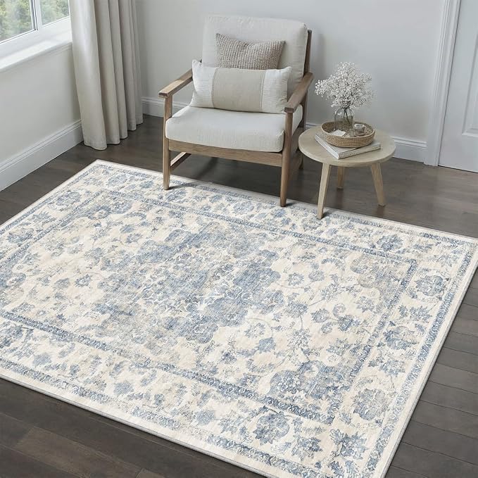 3x5 Washable Neutral Area Rug Blue Vintage Entryway Office Carpet Non-Slip Soft - Image 2