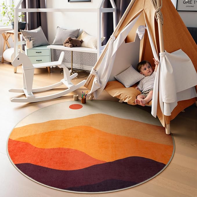 Sunset Round Rug 4ft, Soft Circular Bedroom Rugs Abstract Throw Carpet - Image 6