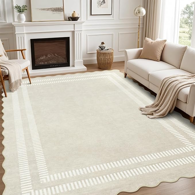 Washable 8x10 Area Rugs for Living Room, Solid Ivory Ultra-Thin Bedroom Rug by LORWER