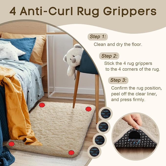 Ophanie Small Rug Washable Non Slip Throw Bedside Area Rugs, Fluffy Soft Beige - Image 2