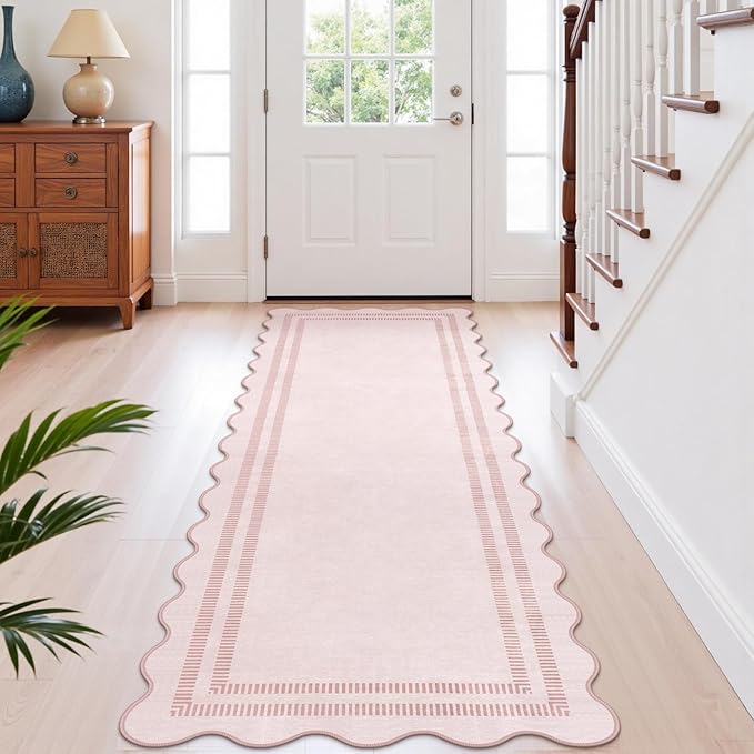 Pink Runner Rug 2.6x8 Kitchen Hallway Scalloped Rugs, Non Skid Stain-Resistant - Image 7