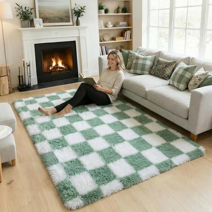 KICMOR 4x6 Rug for Bedroom Living Room, Fluffy Sage Green and White Checkered by KICMOR