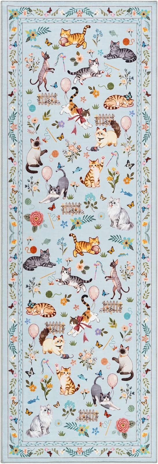 Unirea 2.6x8 Blue Grey Cat Runner Rug, Washable Non Slip Botanical Rug - Image 2