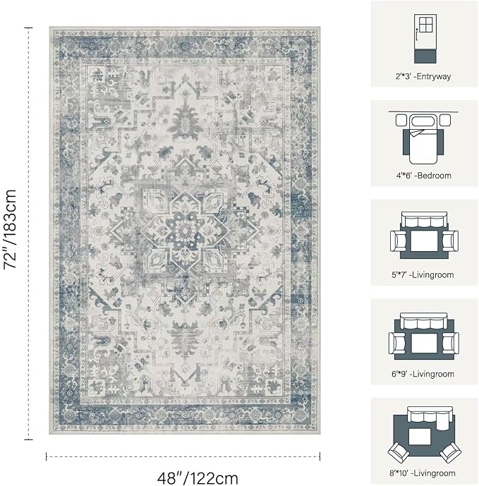 Rugxara Washable Area Rug for Living Room, Neutral Vintage Boho Rugs for Office - Image 2
