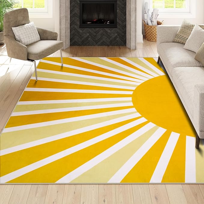 Lahome Yellow Rainbow Sun Area Rug: 5'x7' Ultra-Thin Machine Washable & Non-Slip by Lahome