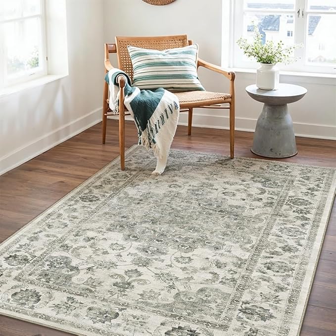 3x5 Washable Neutral Area Rug Green Vintage Entryway Office Carpet Non-Slip - Image 3