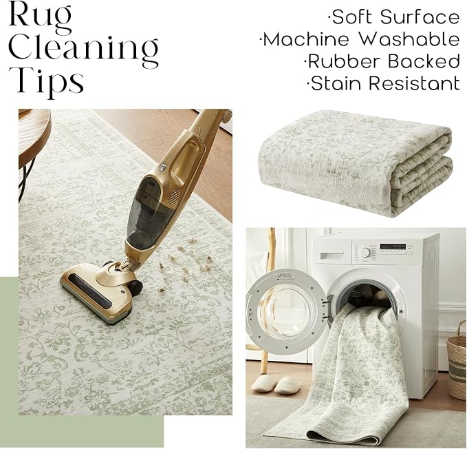 Sage Green Area Rug for Bedroom Neutral Boho Farmhouse Floral Distressed Design - Image 4