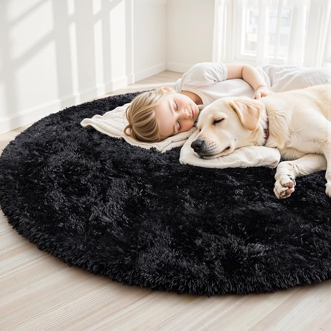 Black Round Fluffy Rug 6ft Plush Fuzzy Shaggy Carpet, Soft Rugs - Image 5
