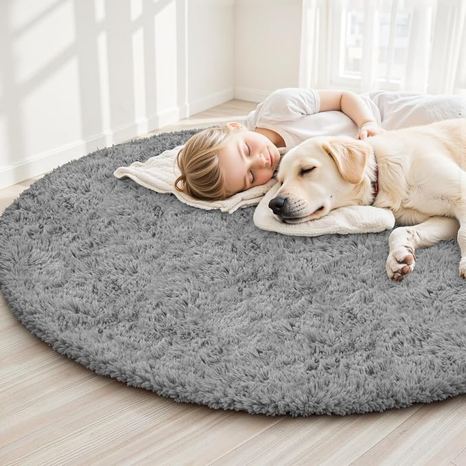 Light Gray ack Round Fluffy Rug 5ft Plush Fuzzy Shaggy Carpet, Soft Rugs - Image 3