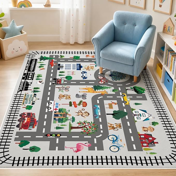 Kids Playroom Rug, Non Slip Washable Area Rug, City Road Car Track Carpet by Bildenly