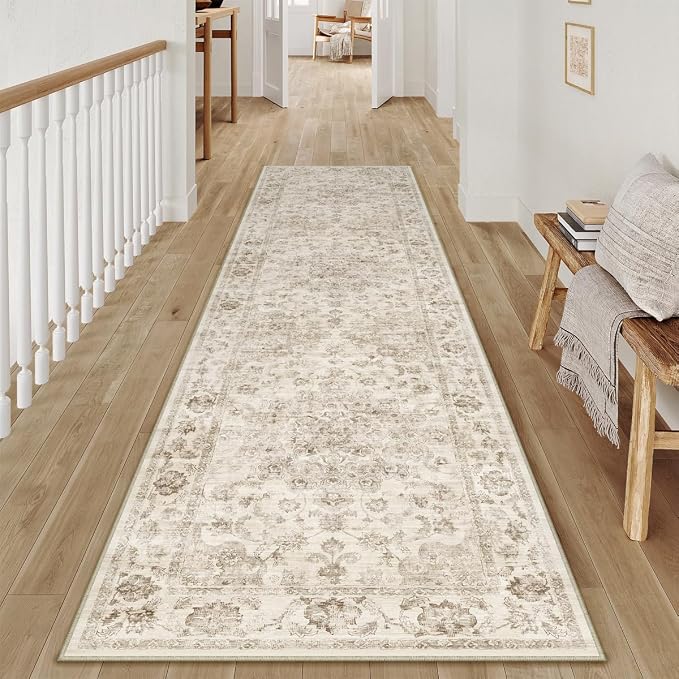 3x7 Washable Neutral Runner Rug Beige Vintage Hallway Kitchen Carpet Non-Slip - Image 3