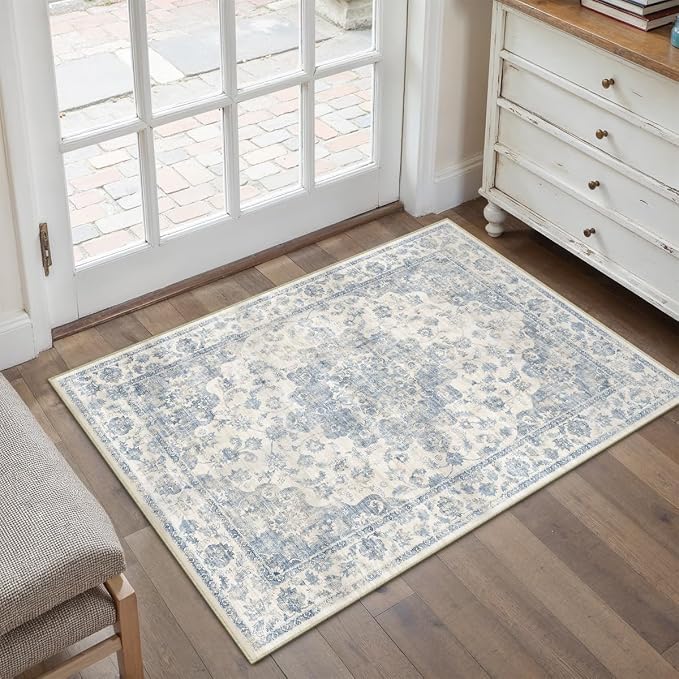 2x3 Washable Neutral Area Rug Blue Vintage Entryway Kitchen Carpet Non-Slip - Image 3