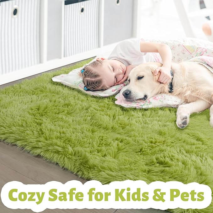 Grass Green Runner Rugs for Bedroom Decor Aesthetic, Fluffy Shag Area Rug 3x5 - Image 2