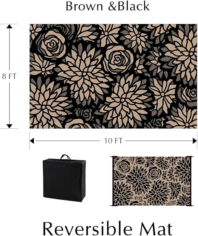 Outdoor Plastic Straw Rug Waterproof Patio 8x10 Black Brown Floral Mat - Image 2