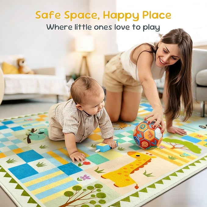 3x5 Washable Kid Playroom Rug, Unisex Green Safari Jungle Woodland Animal - Image 4