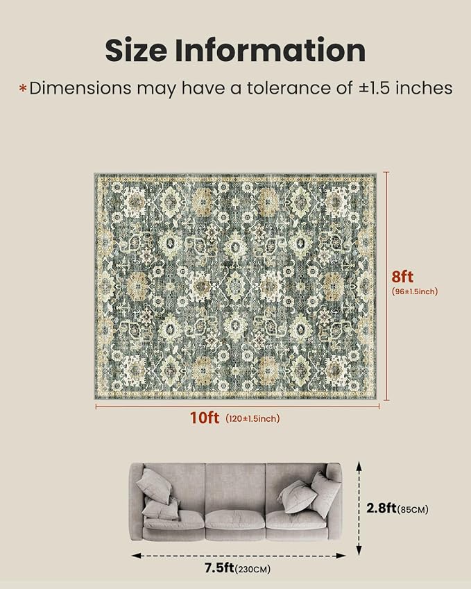 AMADA HOMEFURNISHING 8x10 Washable Area Rug, Low-Profile Large Area Rug - Image 2