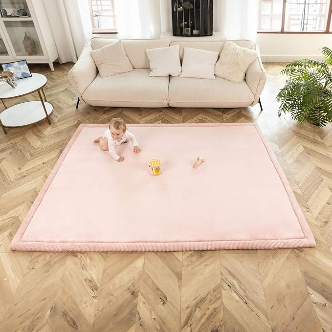 Stylish Coral Velvet Baby Play Mat 60" x 80" Pink – Soft 1" Thick High-Density - Image 2