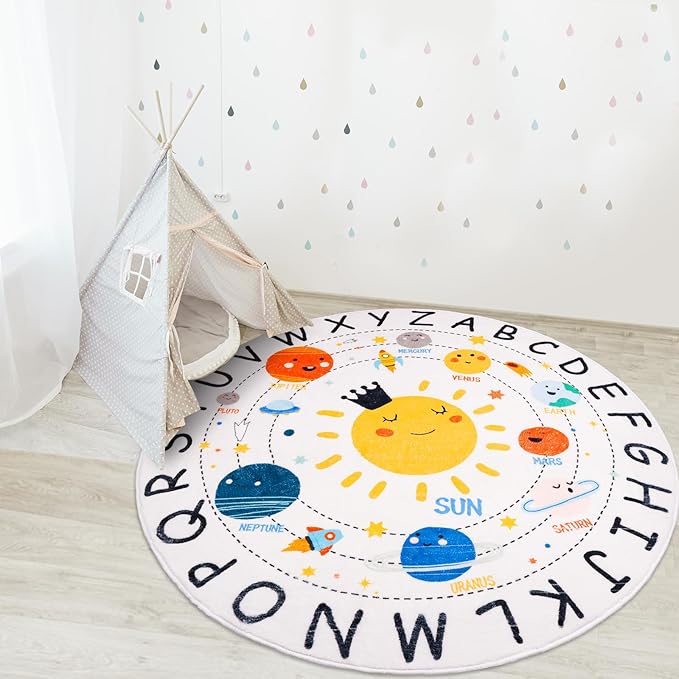 Round ABC Space Kids Rugs, 5.2 ft Non-Slip Solar System Alphabet Rugs, Washable by LTKOUGFAM