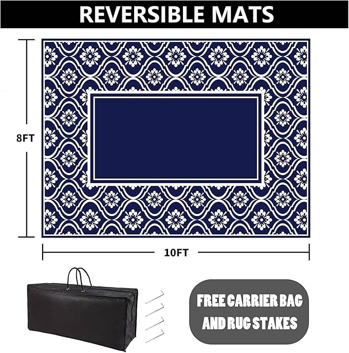 HUGEAR Outdoor Rug 8x10 Patio Camping Carpet Waterproof Mat Blue Outside - Image 2