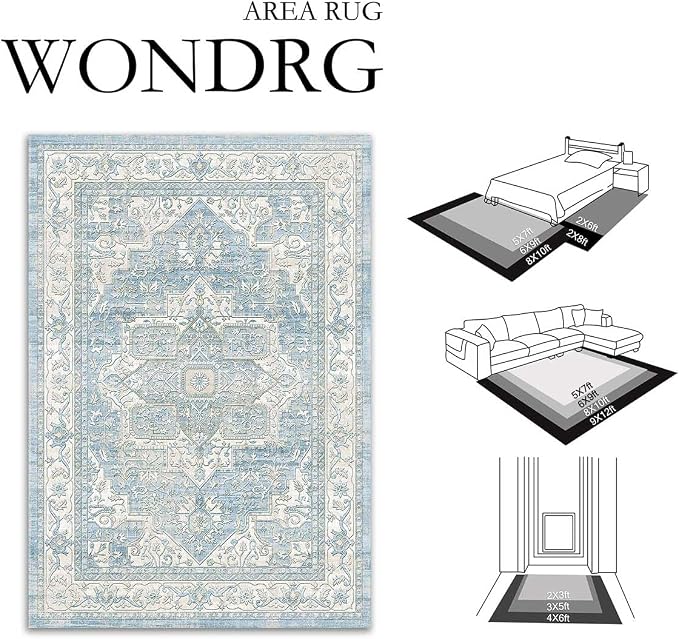 2x8 Washable Vintage Runner Rug Blue Oriental Hallway Kitchen Throw Rug Neutral - Image 2