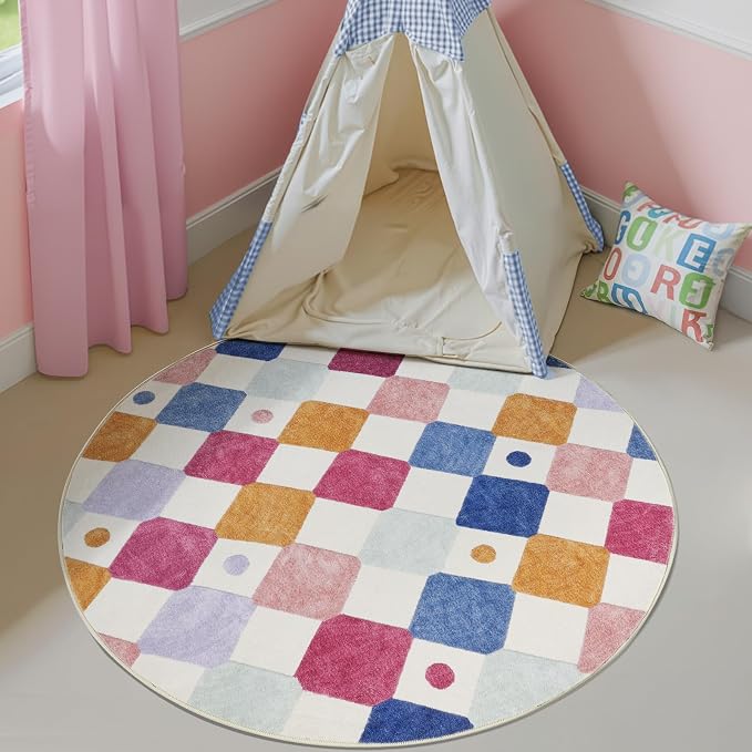jinchan Macy 4ft Round Rug for Kids Room Modern Colorful Checkered Diamond - Image 4