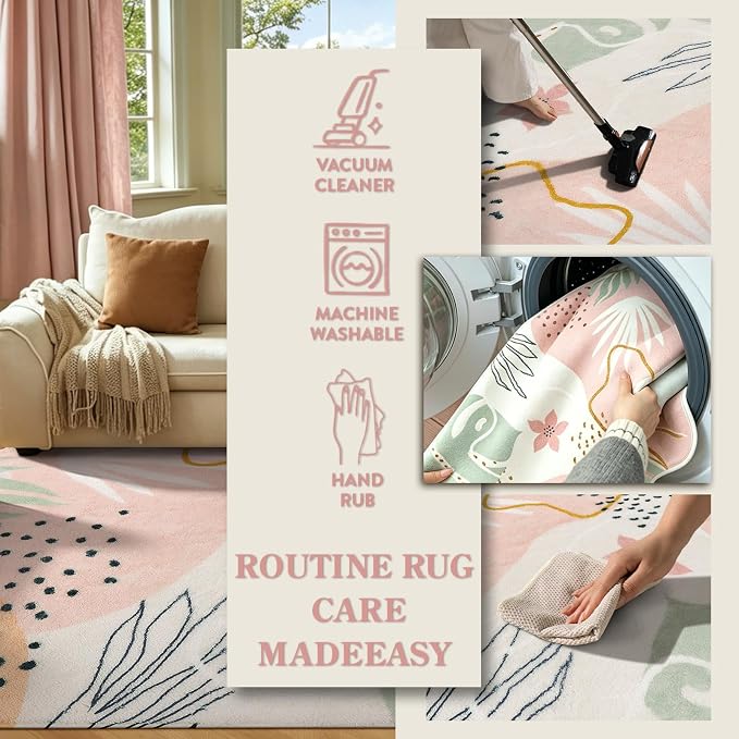 Lahome Pink Boho Nursery Rug 4x6, Washable Non Slip Soft Botanical Area Rug - Image 5