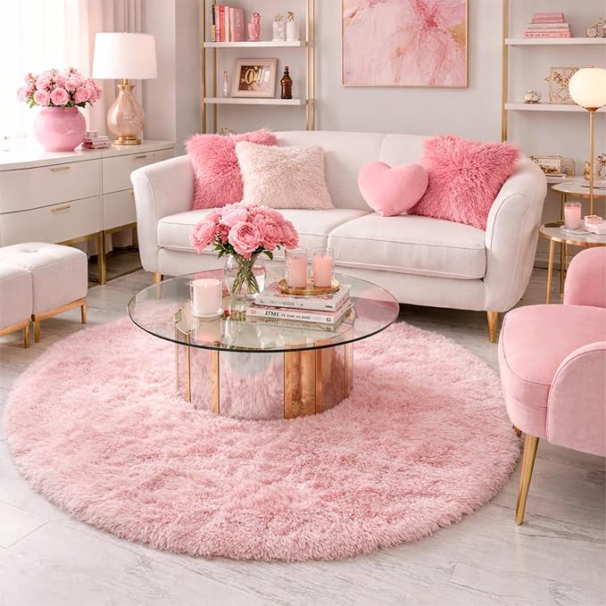 Pink Round Area Rugs 6Ft for Nursery Kids Bedroom, Large Fluffy Shag Circle Rug - Image 4