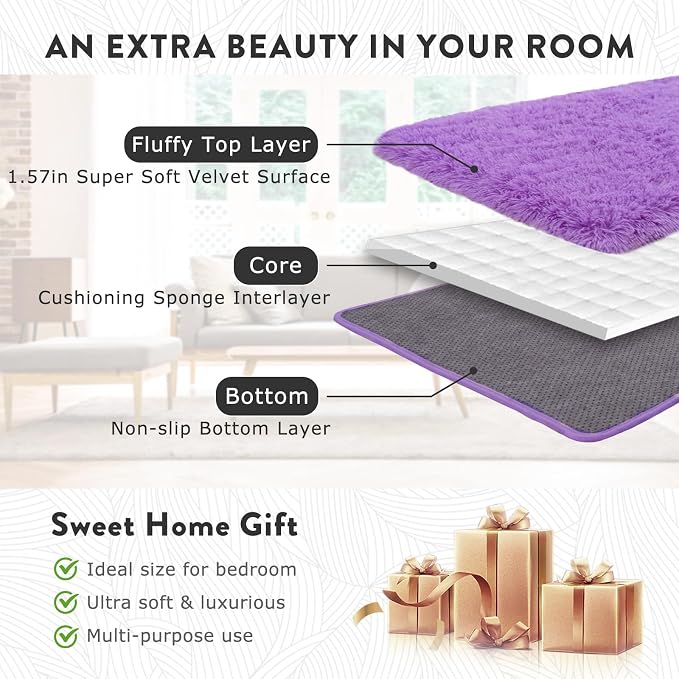 WISH TREE Purple Fluffy Shag Rug 6x9 Ft, Soft Non-Slip Plush Area Rug - Image 6