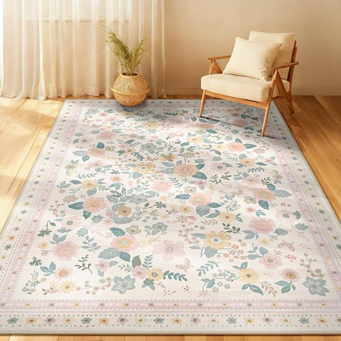 4x6 Area Rugs, Washable Floral Rug, Low Pile Non-Slip Carpet, Flower Rug - Image 7
