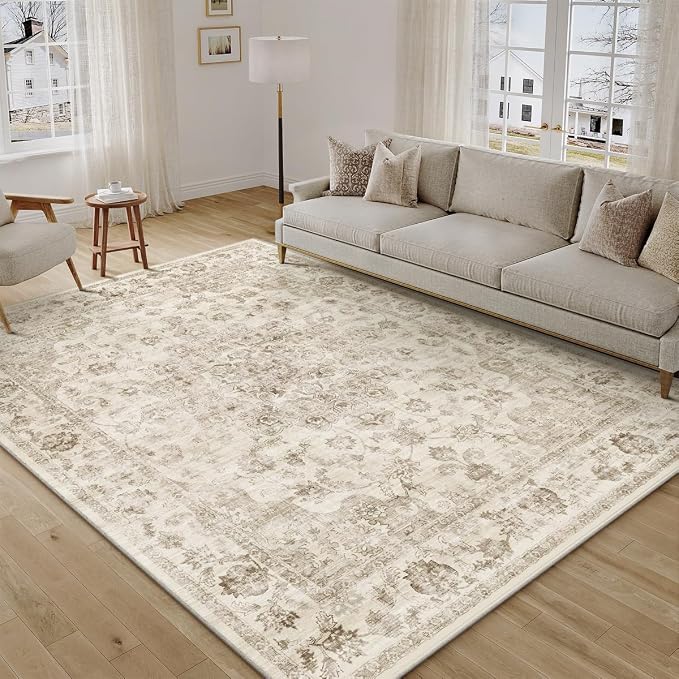 6x9 Washable Neutral Area Rug Beige Vintage Living Room Bedroom Carpet Non-Slip by WondRg