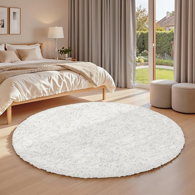 White Round Fluffy Rug 5ft, Soft Bedroom Circle Rugs Mats - Image 3