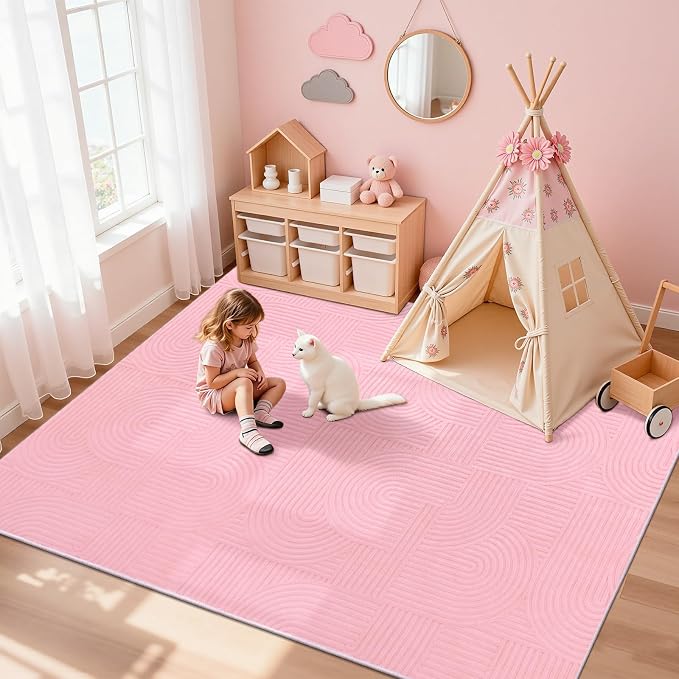 Pauwer Pink Area Rug for Girls Bedroom 8x10 Soft Fluffy Non Slip Machine - Image 8
