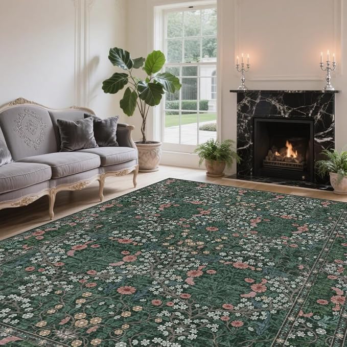 Vintage Green Living Room Rug, 5x7 Washable Area Rugs - Image 3