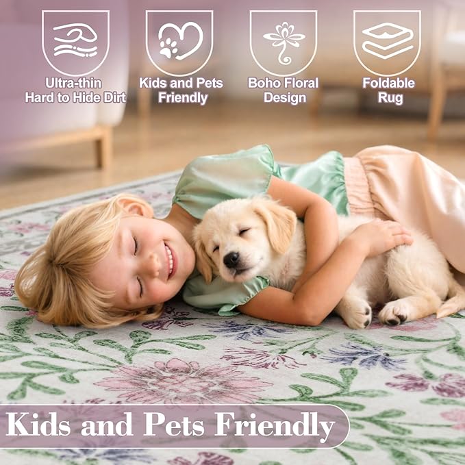 Wonnitar Floral Purple Round Area Rug 5ft, Soft Washable Kids Room Rug - Image 5
