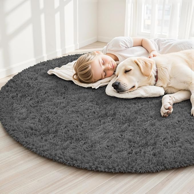 Dark Gray Round Fluffy Rug 6ft Plush Fuzzy Shaggy Carpet, Soft Rugs - Image 4