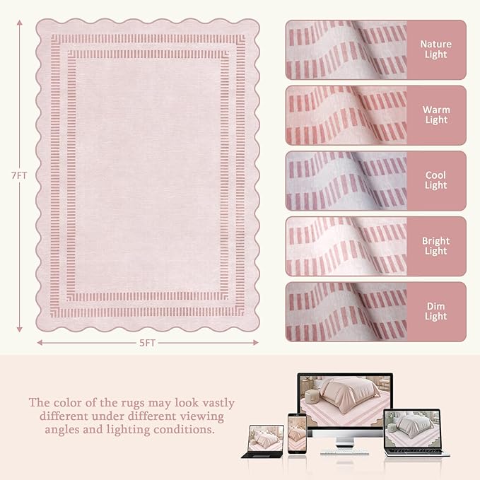 Pink Rugs for Bedroom Girls, 5x7 Washable Non Slip Area Rugs for Living Room - Image 2