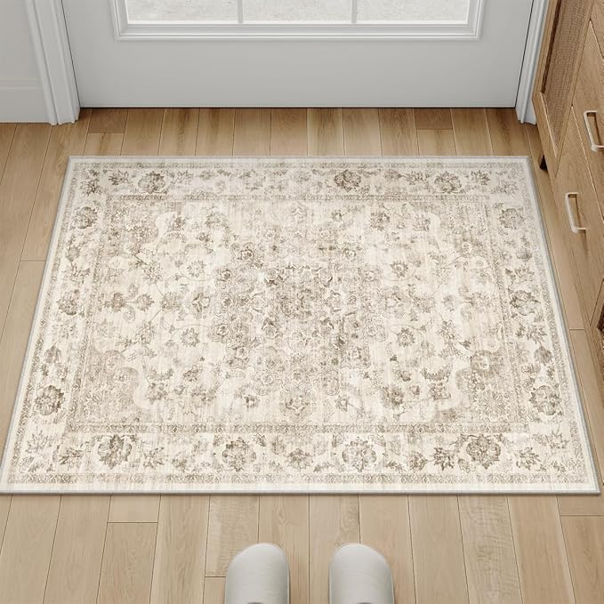 2x3 Washable Neutral Area Rug Beige Vintage Entryway Kitchen Carpet Non-Slip - Image 3