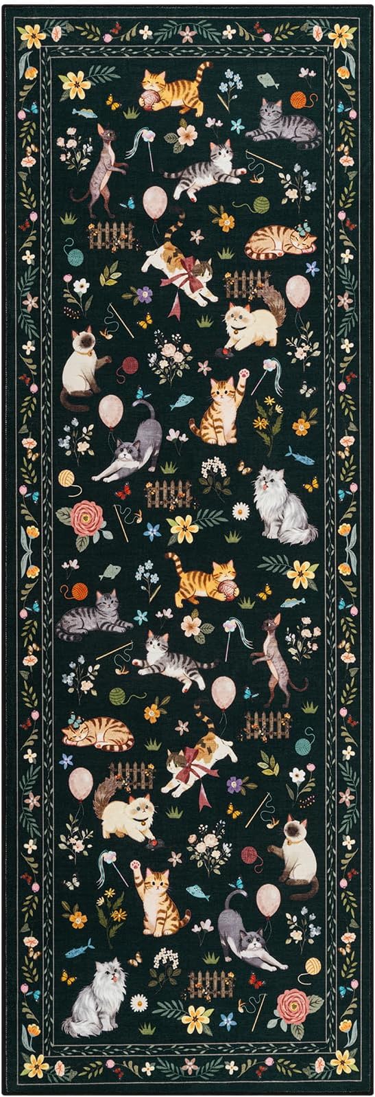 Unirea 2.6x8 Black Cat Runner Rug, Washable Non Slip Botanical Rug - Image 2