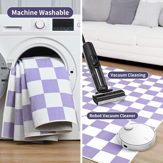 Terrug Purple and White Checkered Area Rug - Image 6