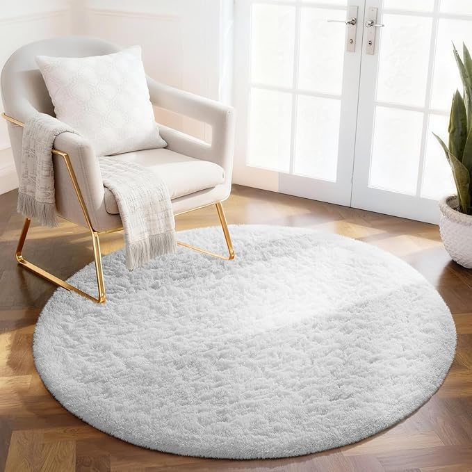 Ophanie Round Rug 4Ft White Circle Area Rug, Aesthetic Room Decor, Fluffy Fuzzy by Ophanie